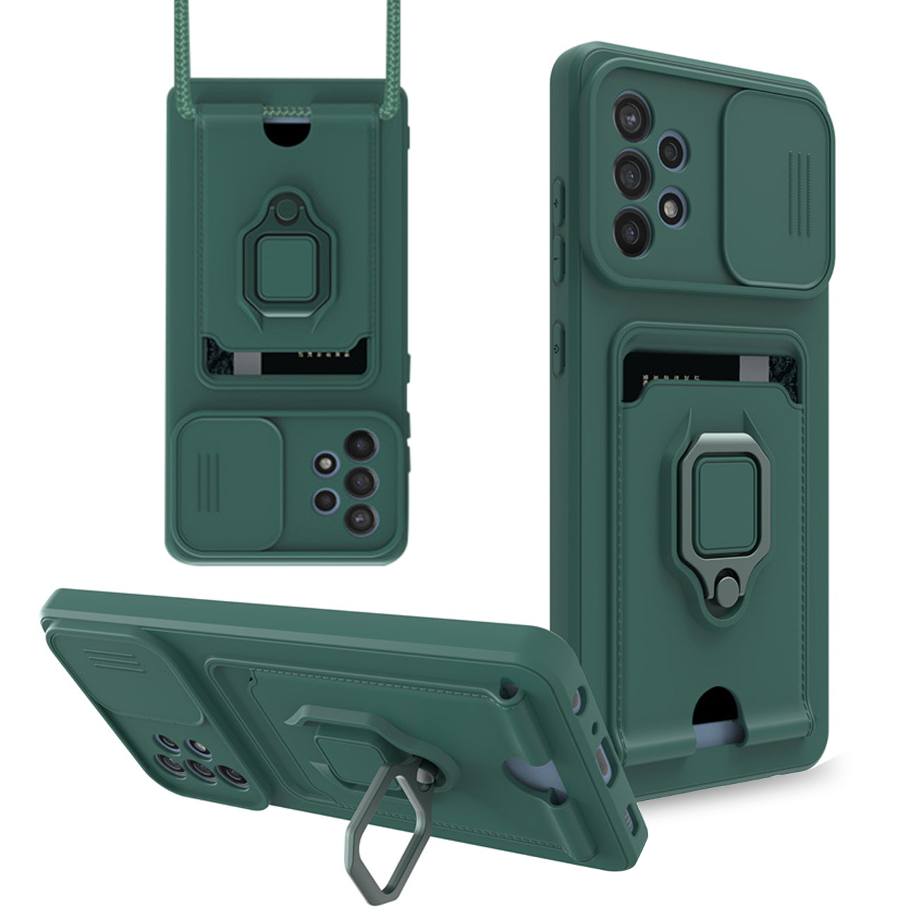 High Quality Samsung 32 5G Case with Camera cover, Kickstand, Slide lens protection, Magnetic ring stand, Crossbody strap and Card holder In Green